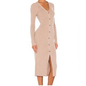 Revolve Song of Style Beige Button Down Ribbed Long Sleeve Dress